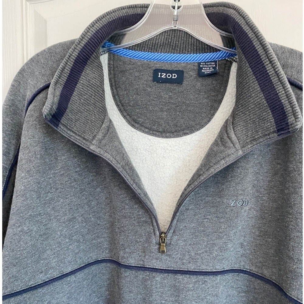 IZOD Mens XXL Gray Navy Piped Fleece Quarter Zip Pullover Sweatshirt - Picture 5 of 10
